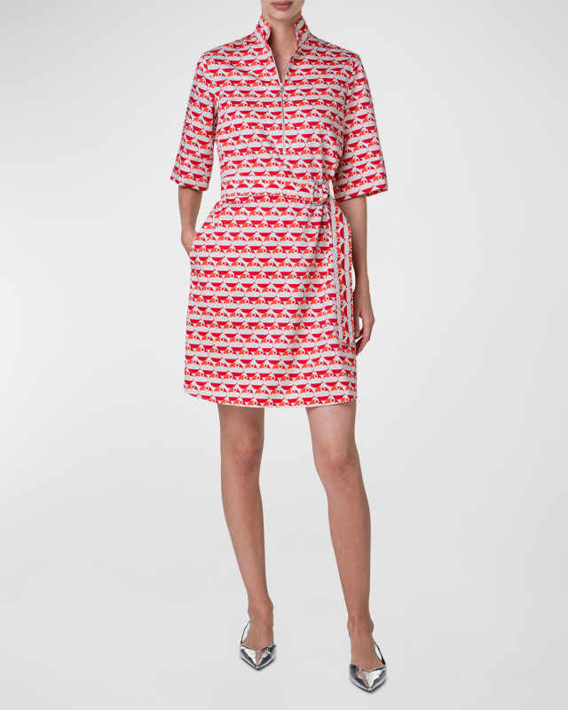 Bird Print Satin Belted Short Dress